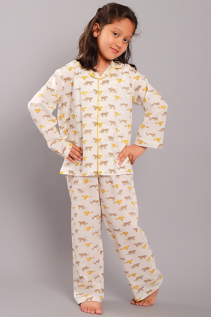 Beige Cotton Block Printed Pant Set by My Litte Lambs at Pernia's Pop Up Shop