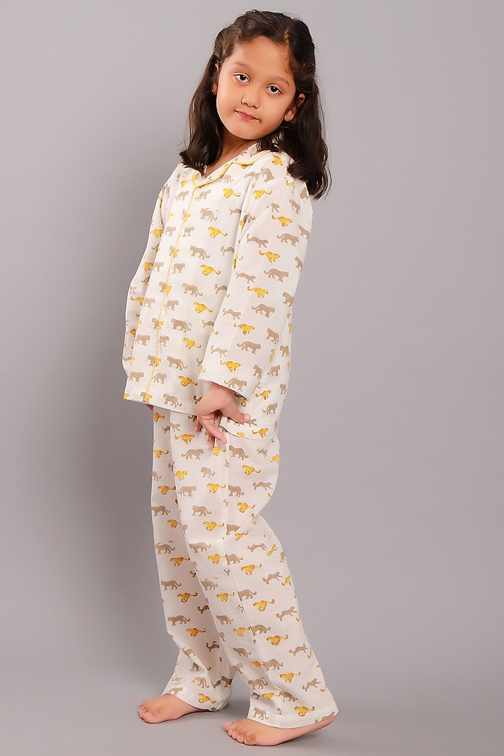 Beige Cotton Block Printed Pant Set by My Litte Lambs at Pernia's Pop Up Shop
