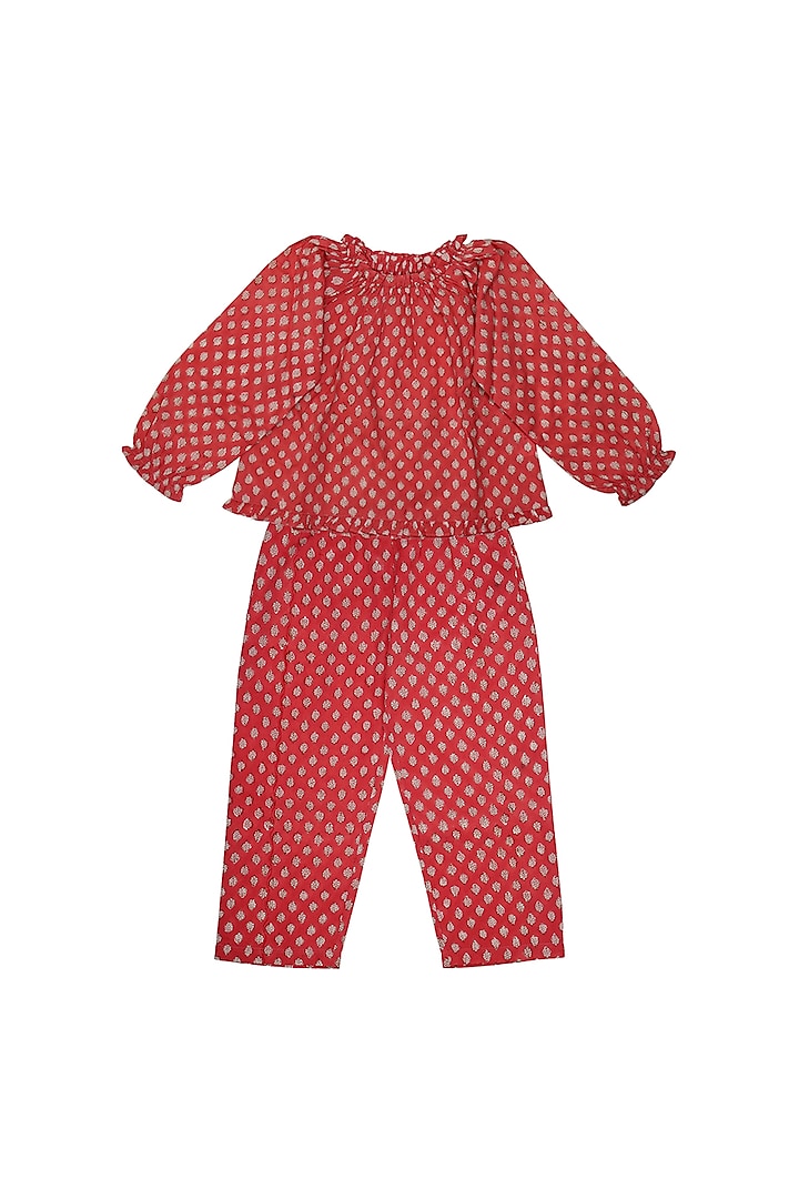 Coral Block Printed Pant Set For Girls by My Litte Lambs