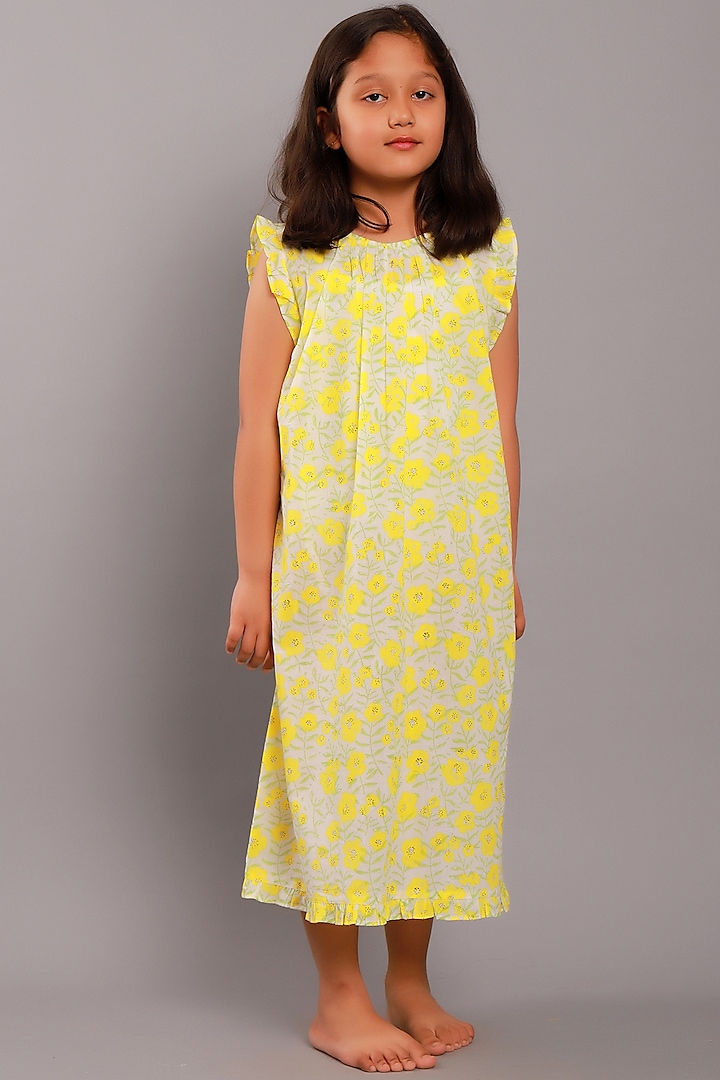 Pale Yellow Block Printed Maxi Dress For Girls by My Litte Lambs
