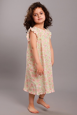 Pale Pink Block Printed Maxi Dress For Girls by My Litte Lambs