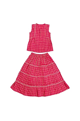 Fuchsia Cotton Dyed Lehenga Set For Girls by My Litte Lambs