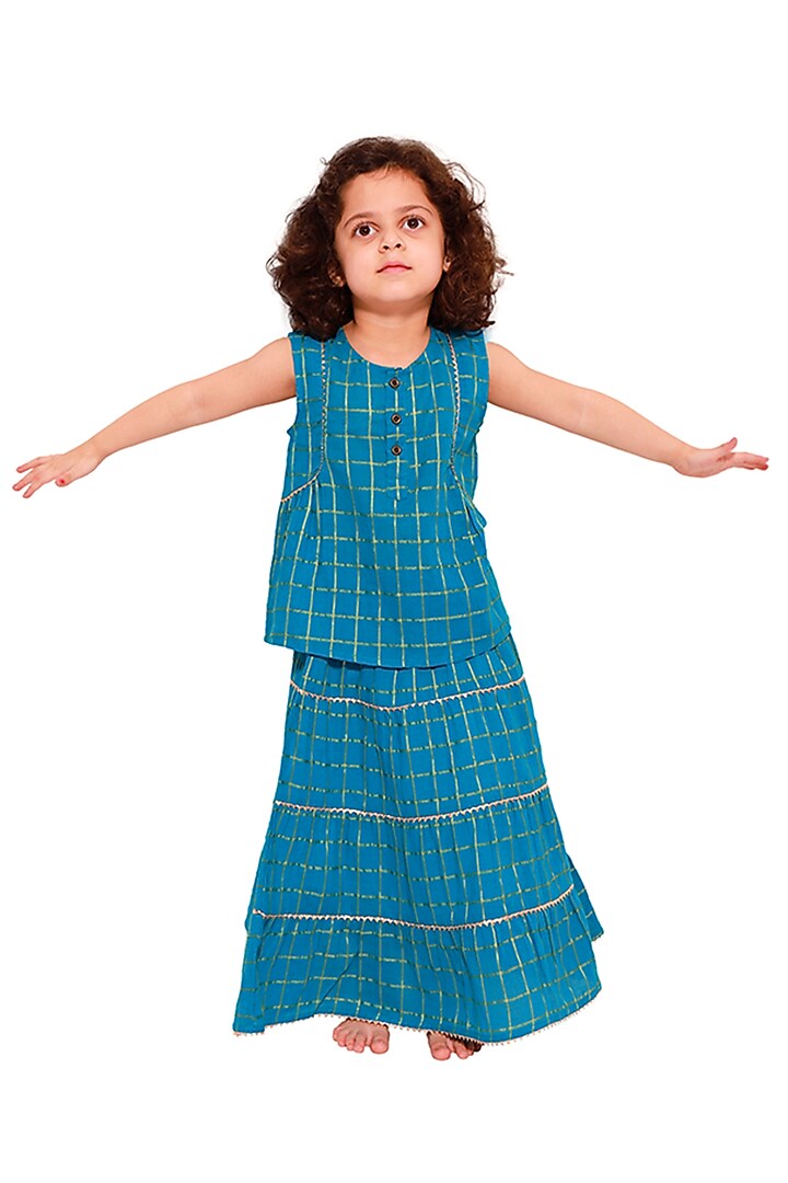 Turquoise Cotton Dyed Lehenga Set For Girls by My Litte Lambs