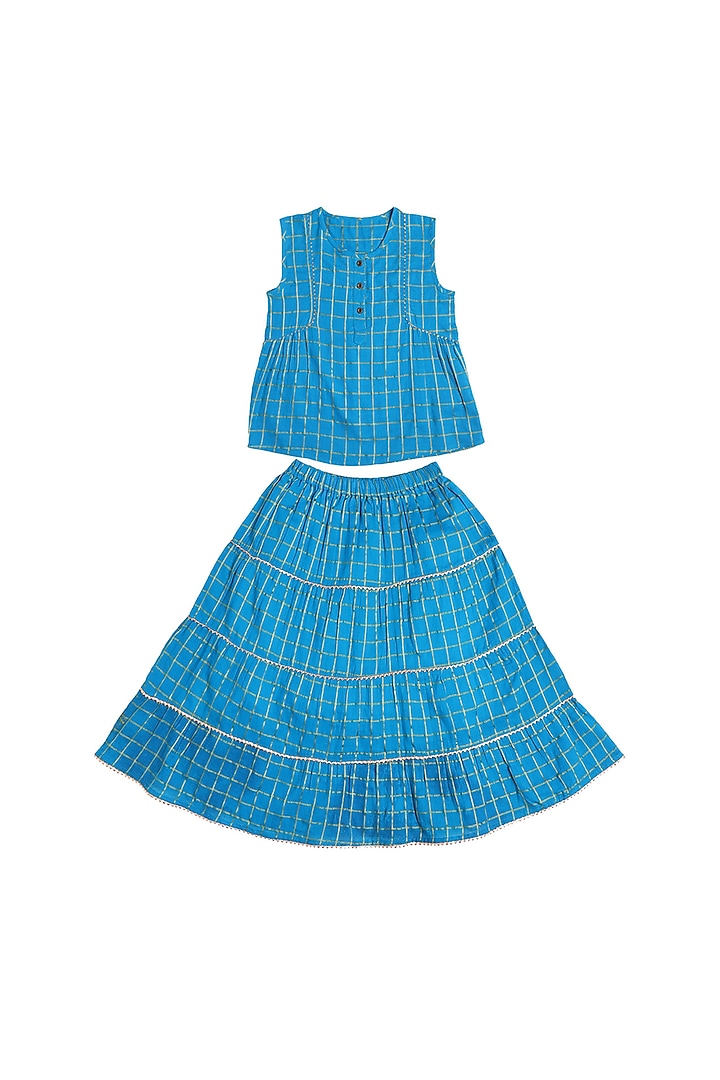 Turquoise Cotton Dyed Lehenga Set For Girls by My Litte Lambs at Pernia's Pop Up Shop