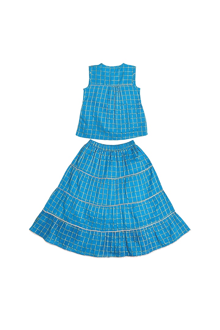 Turquoise Cotton Dyed Lehenga Set For Girls by My Litte Lambs at Pernia's Pop Up Shop