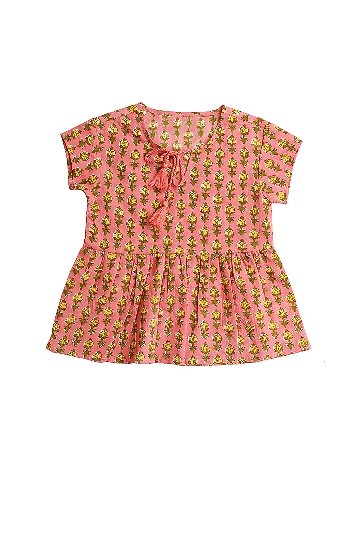 Peach Cotton Lehenga Set For Girls by My Litte Lambs at Pernia's Pop Up Shop
