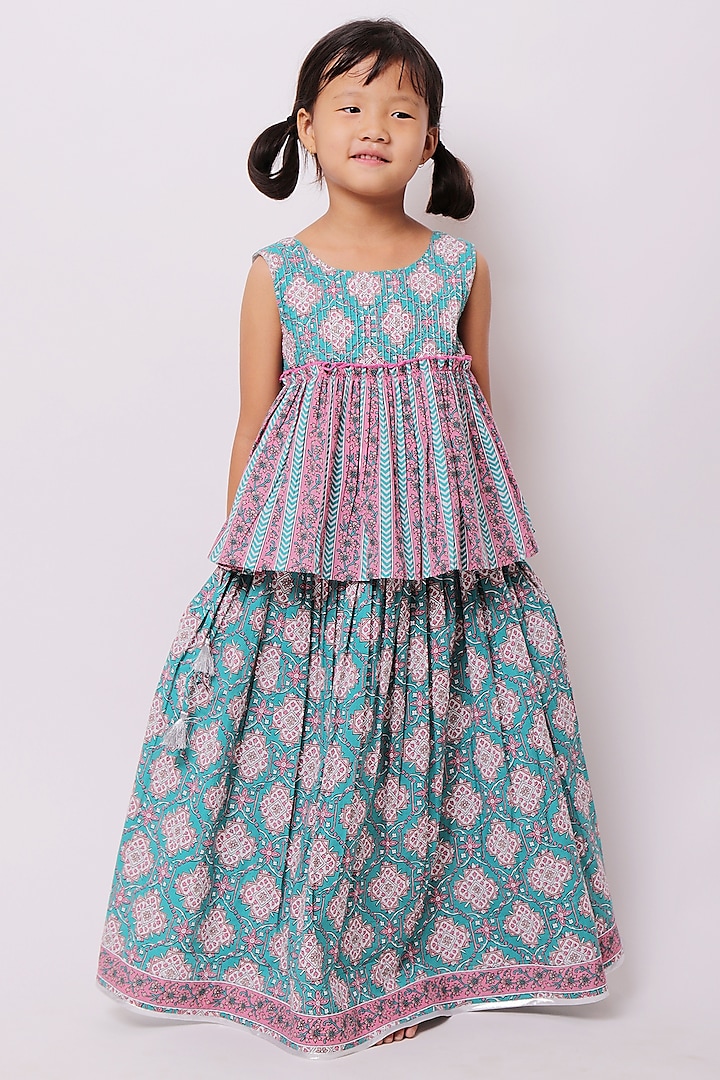 Turquoise Blue Printed Lehenga Set For Girls by My Litte Lambs