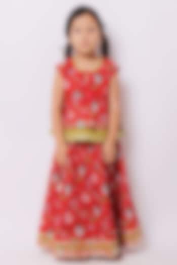 Red Floral Printed Lehenga Set For Girls by My Litte Lambs