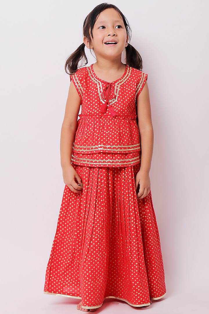 Red Cotton Printed Lehenga Set For Girls by My Litte Lambs