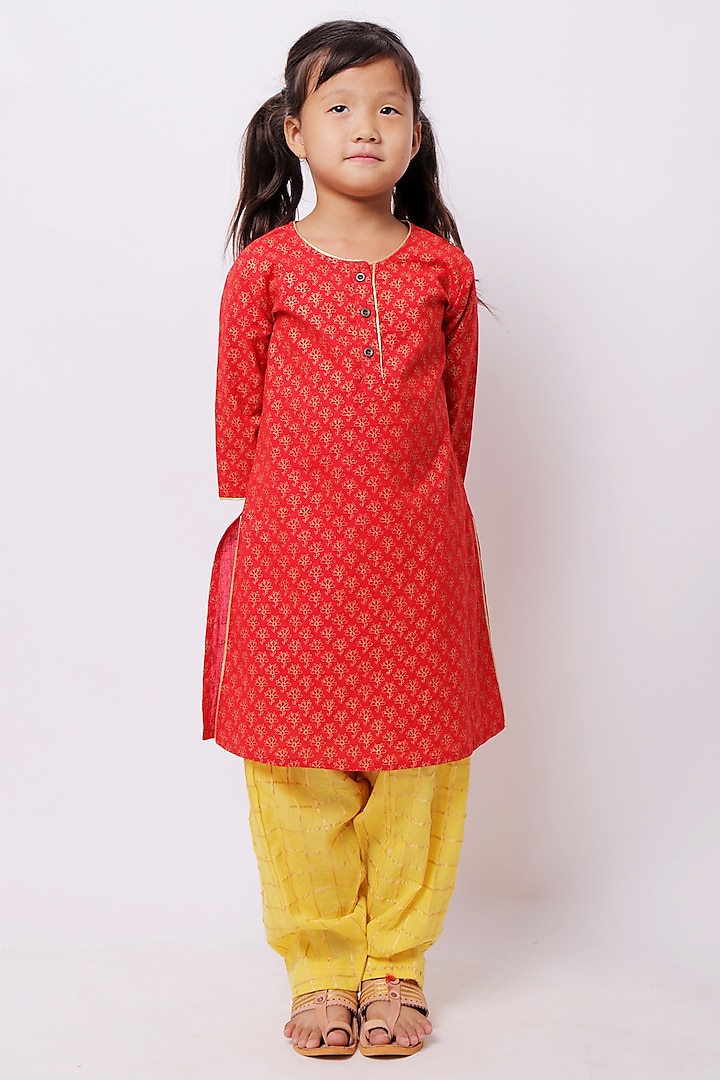 Red Cotton Printed Kurta Set For Girls by My Litte Lambs