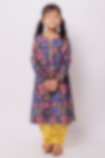 Navy Blue Floral Printed Kurta Set For Girls by My Litte Lambs