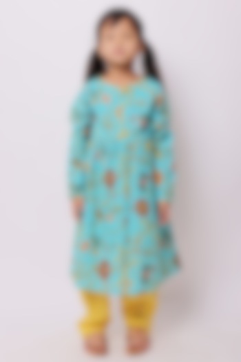 Turquoise Blue Floral Printed Kurta Set For Girls by My Litte Lambs