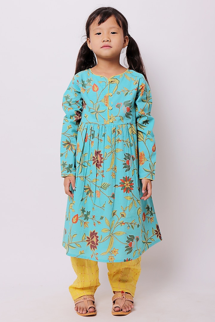 Turquoise Blue Floral Printed Kurta Set For Girls by My Litte Lambs