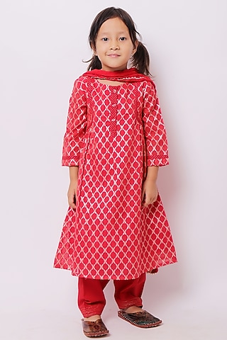 Red Viscose Cotton Kurta Set For Girls by My Litte Lambs