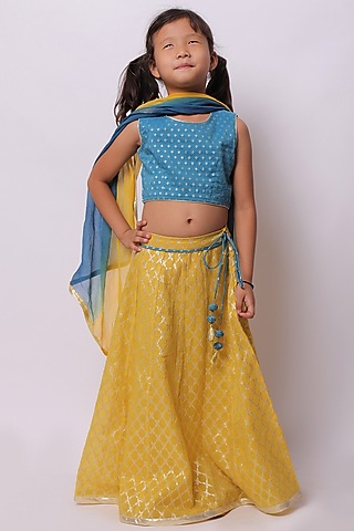 Yellow Viscose Cotton Lehenga Set For Girls by My Litte Lambs