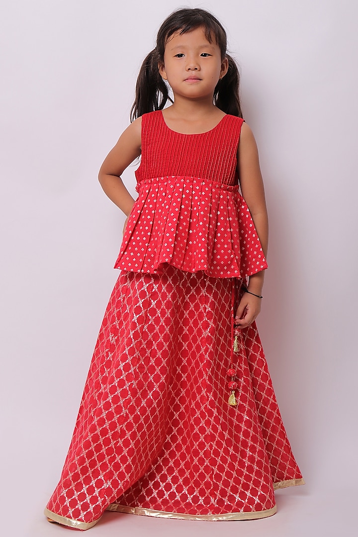 Red Viscose Cotton Lehenga Set For Girls by My Litte Lambs