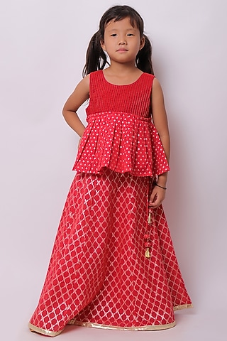 Red Viscose Cotton Lehenga Set For Girls by My Litte Lambs