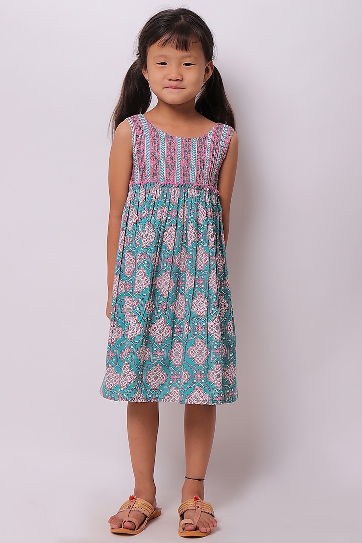 Turquoise Blue Block Printed Dress For Girls by My Litte Lambs