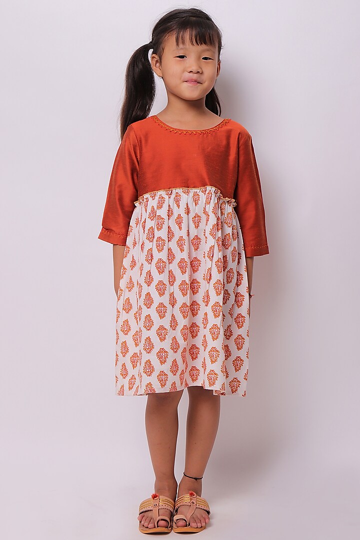 Red Printed & Embroidered Dress For Girls by My Litte Lambs