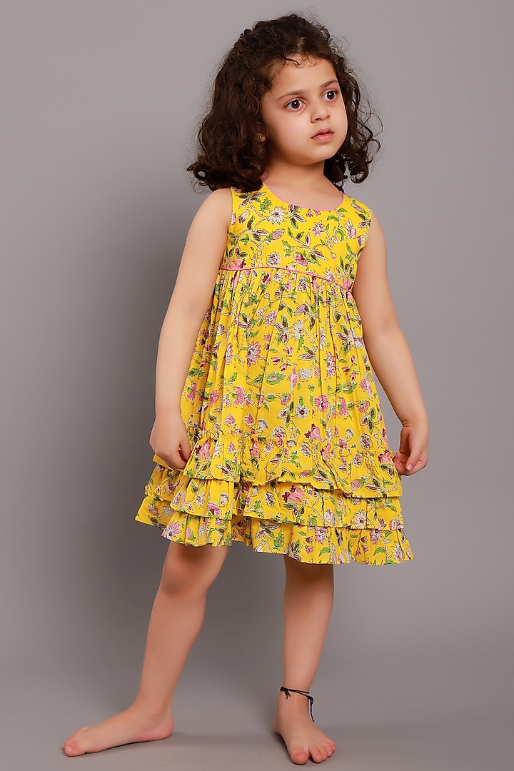 Yellow Printed Dress For Girls by My Litte Lambs