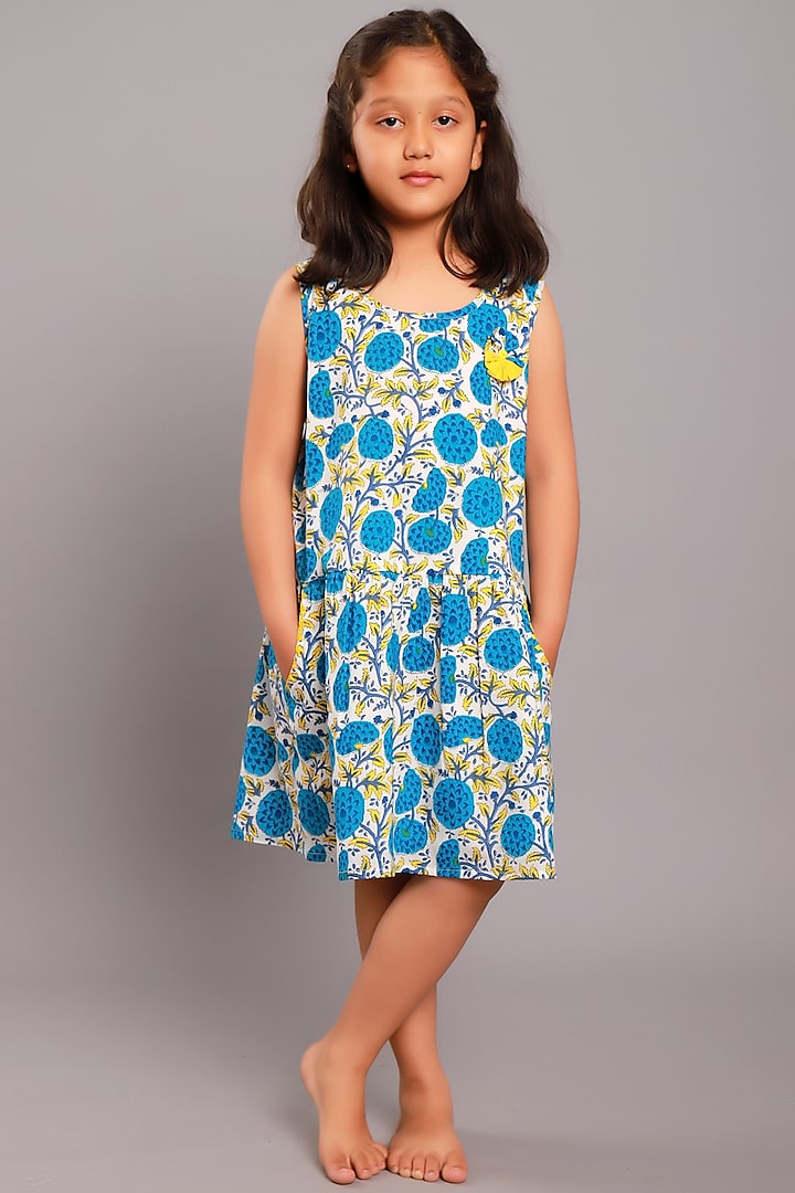 Blue Floral Printed Dress For Girls by My Litte Lambs