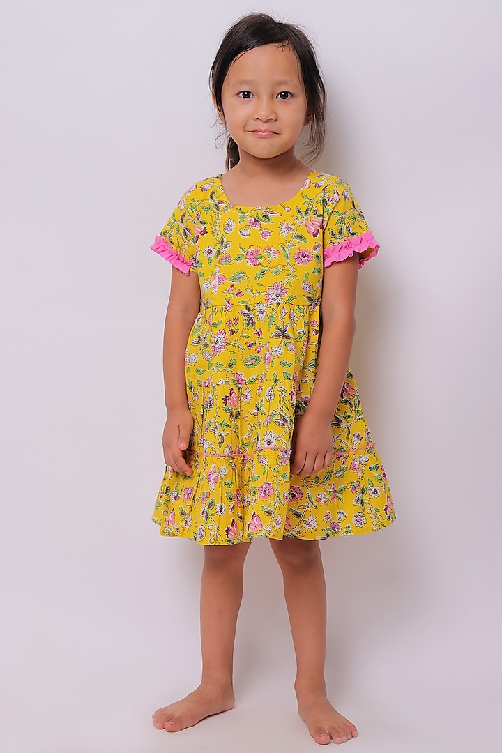 Yellow Block Printed Dress For Girls by My Litte Lambs