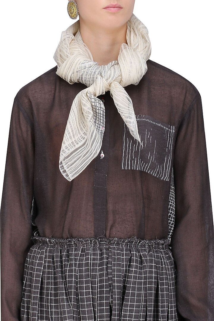 Urvashi Kaur presents Ecru and dark grey noil blocked printed stole available only at Pernia's Pop Up Shop.