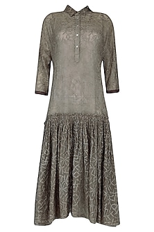 Olive Chikankari Embroidered Drop Waist Dress available only at Pernia ...