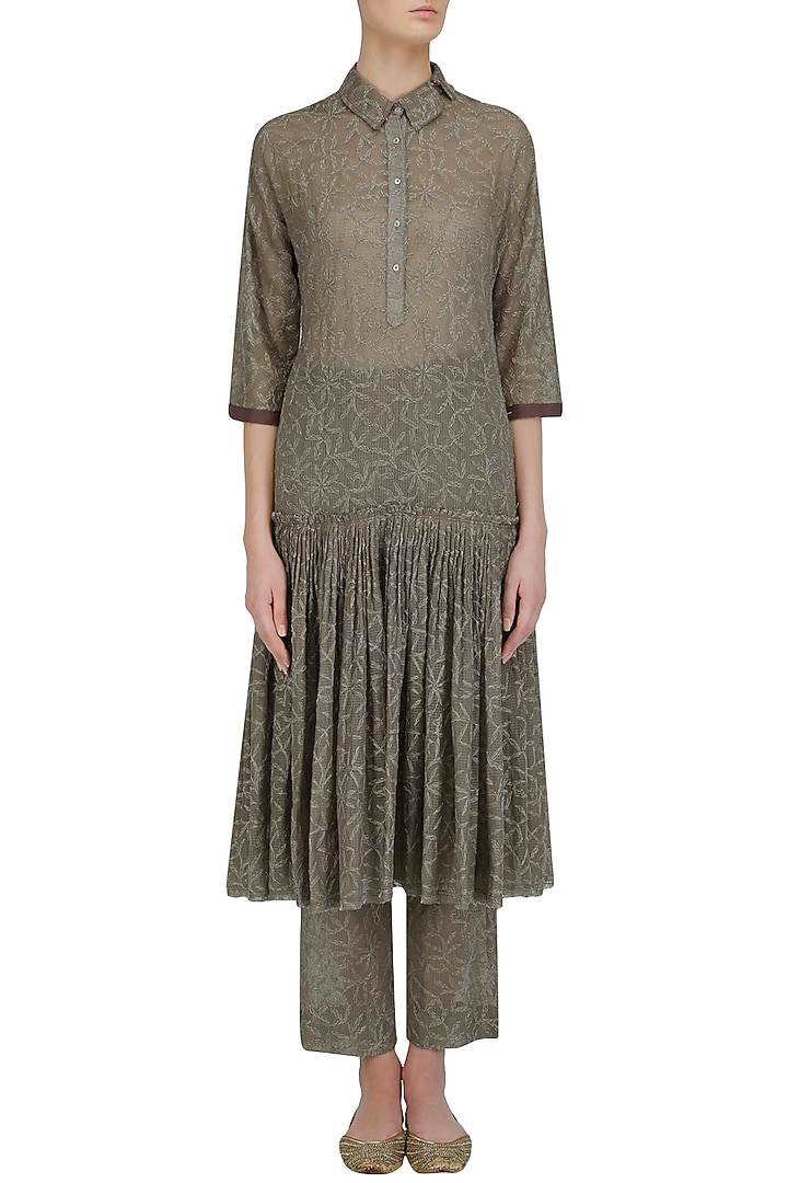 Olive Chikankari Embroidered Drop Waist Dress available only at Pernia's Pop Up Shop.