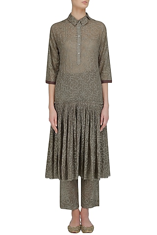 Olive Chikankari Embroidered Drop Waist Dress by Urvashi Kaur
