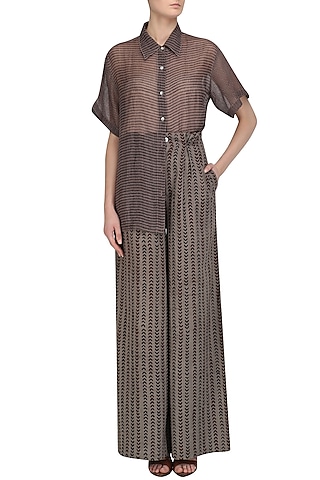 Grey Block Printed Shirt and Palazzo Pants Set by Urvashi Kaur