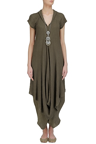 Olive Crinkled Cotton Long Tunic by Urvashi Kaur
