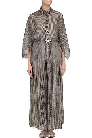 Grey Block Printed Pleated Palazzo Pants by Urvashi Kaur