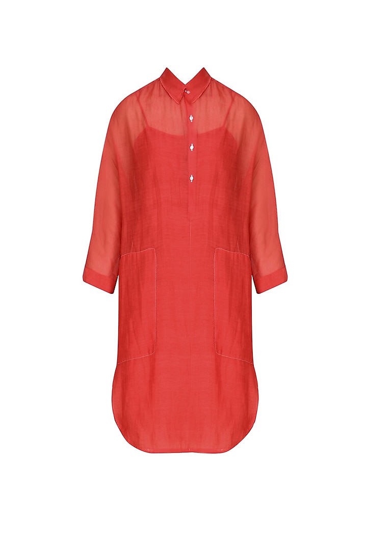 Red Chanderi Silk Shirt Tunic by Urvashi Kaur