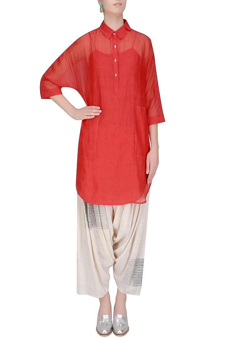 Red chanderi silk shirt tunic available only at Pernia's Pop Up Shop.