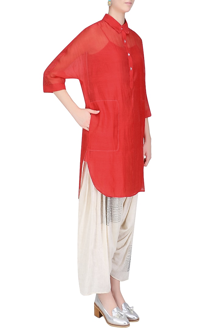 Red chanderi silk shirt tunic available only at Pernia's Pop Up Shop.