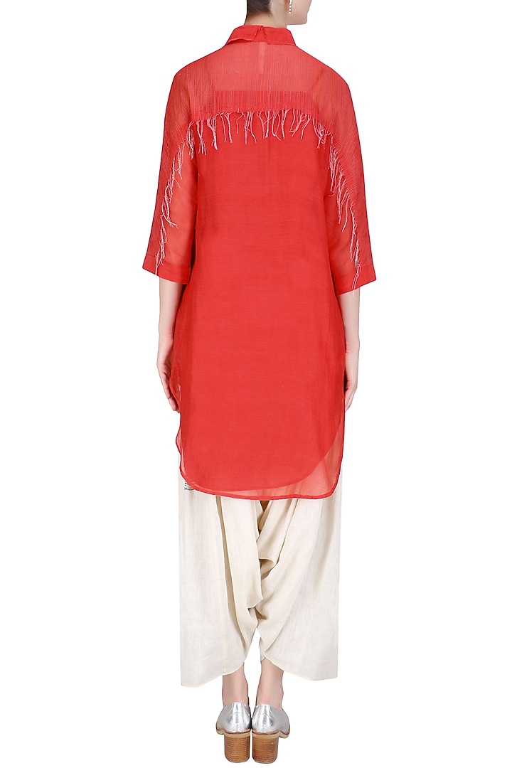 Red chanderi silk shirt tunic available only at Pernia's Pop Up Shop.