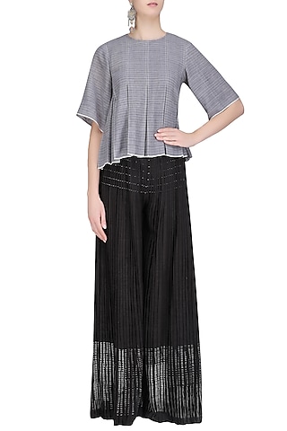 Dark Grey Block Print Flared Palazzo Pants by Urvashi Kaur