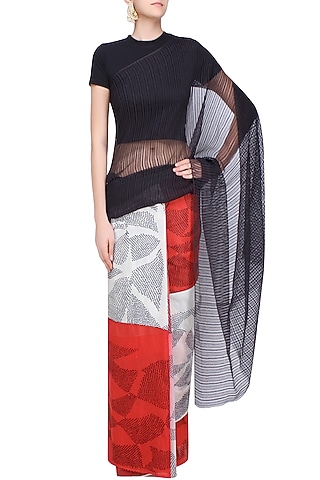 Black, Red and Ecru Tye and Dye Saree by Urvashi Kaur