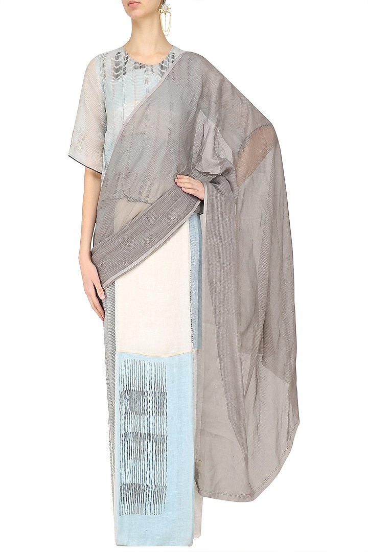 Grey, blue and ecru block printed saree available only at Pernia's Pop Up Shop.