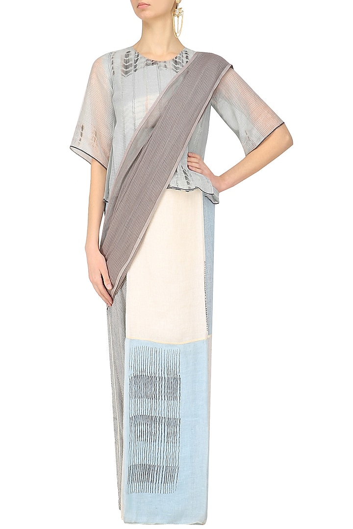 Grey, blue and ecru block printed saree available only at Pernia's Pop Up Shop.
