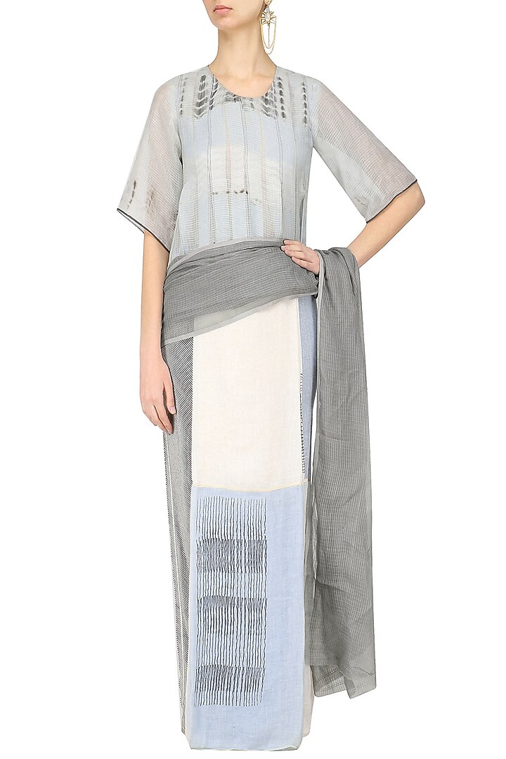 Grey, blue and ecru block printed saree available only at Pernia's Pop Up Shop.