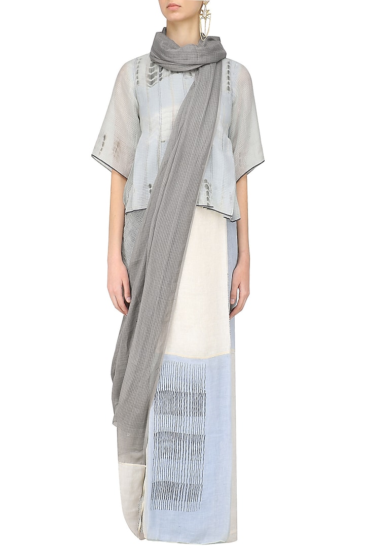 Grey, blue and ecru block printed saree available only at Pernia's Pop Up Shop.