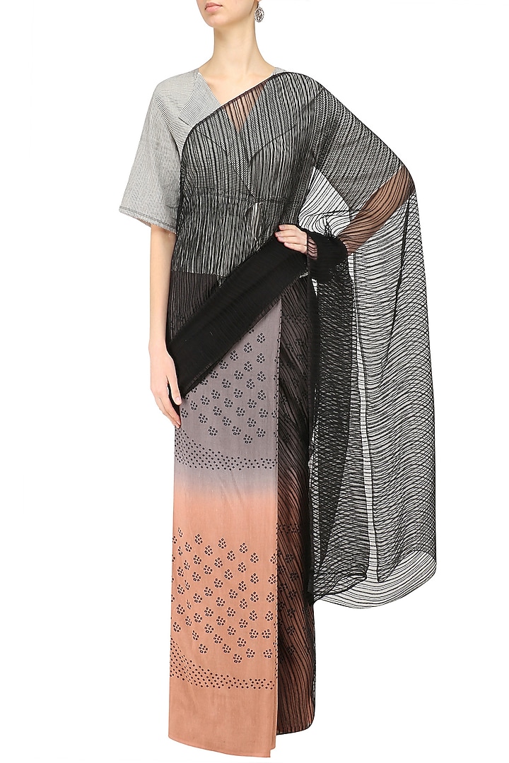 Black, grey and blush printed saree available only at Pernia's Pop Up Shop.