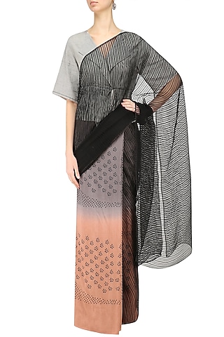 Black, Grey and Blush Printed Saree by Urvashi Kaur