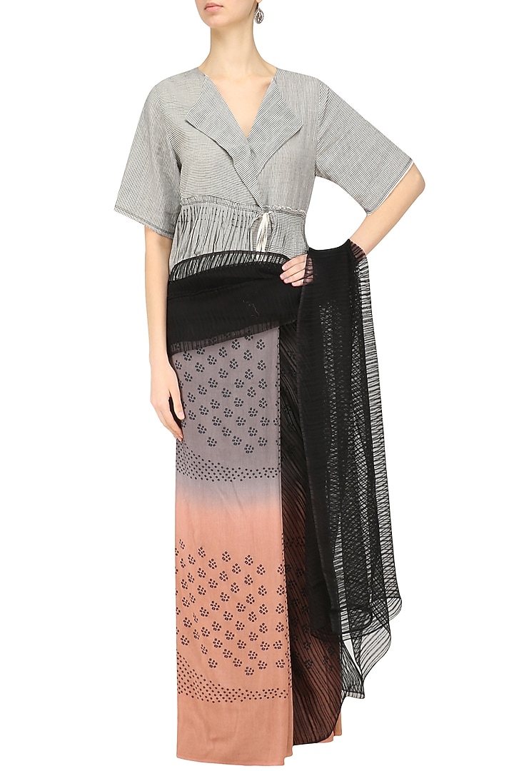 Black, grey and blush printed saree available only at Pernia's Pop Up Shop.