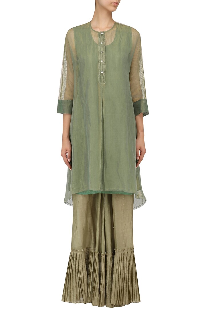 Olive chanderi pleated palazzo pants available only at Pernia's Pop Up Shop.