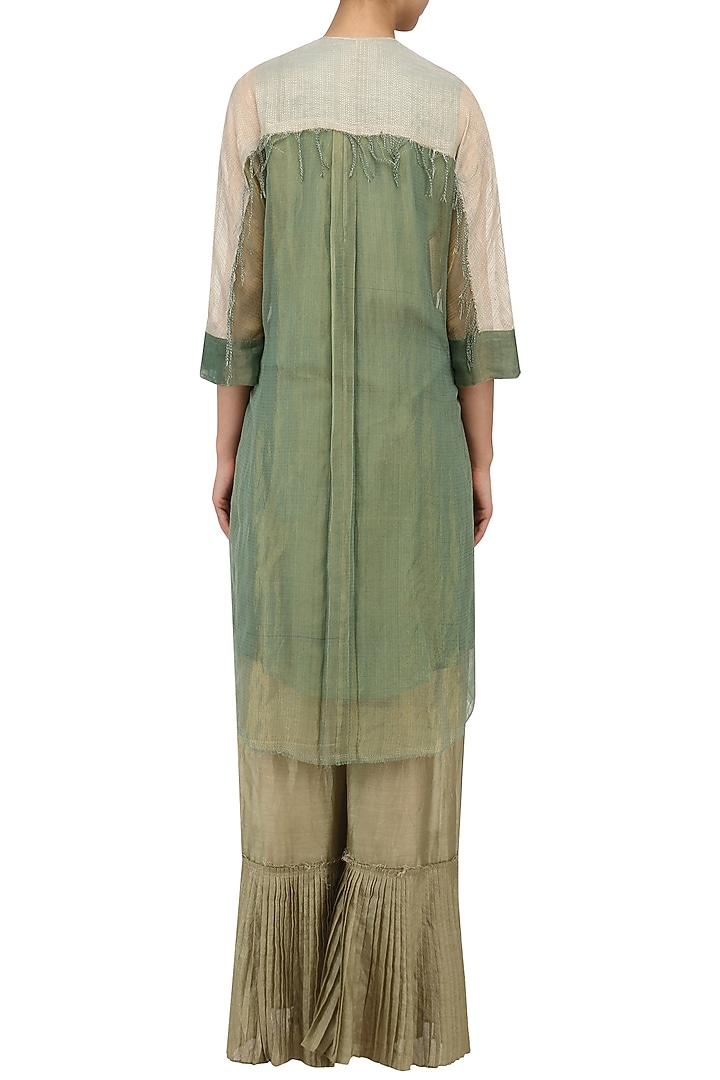 Olive chanderi pleated palazzo pants available only at Pernia's Pop Up Shop.