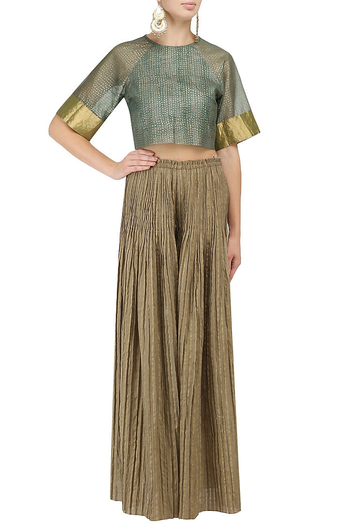 Olive checkered pleated palazzo pants available only at Pernia's Pop Up Shop.