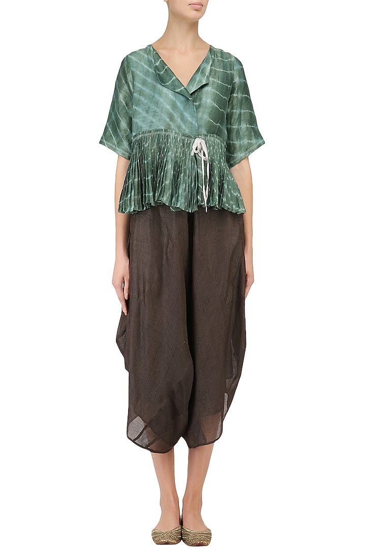 Teal pleated leheria peplum top available only at Pernia's Pop Up Shop.